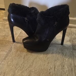 Guess Black Faux-Fur Trim High Heel Ankle Boots